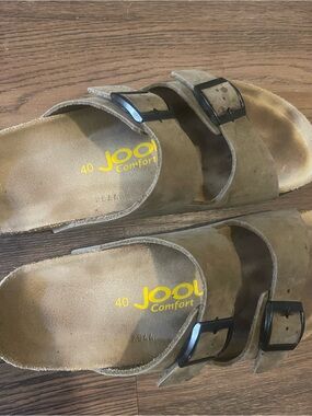 Women's Suede Two-Strap Tan Slip-On Sandals